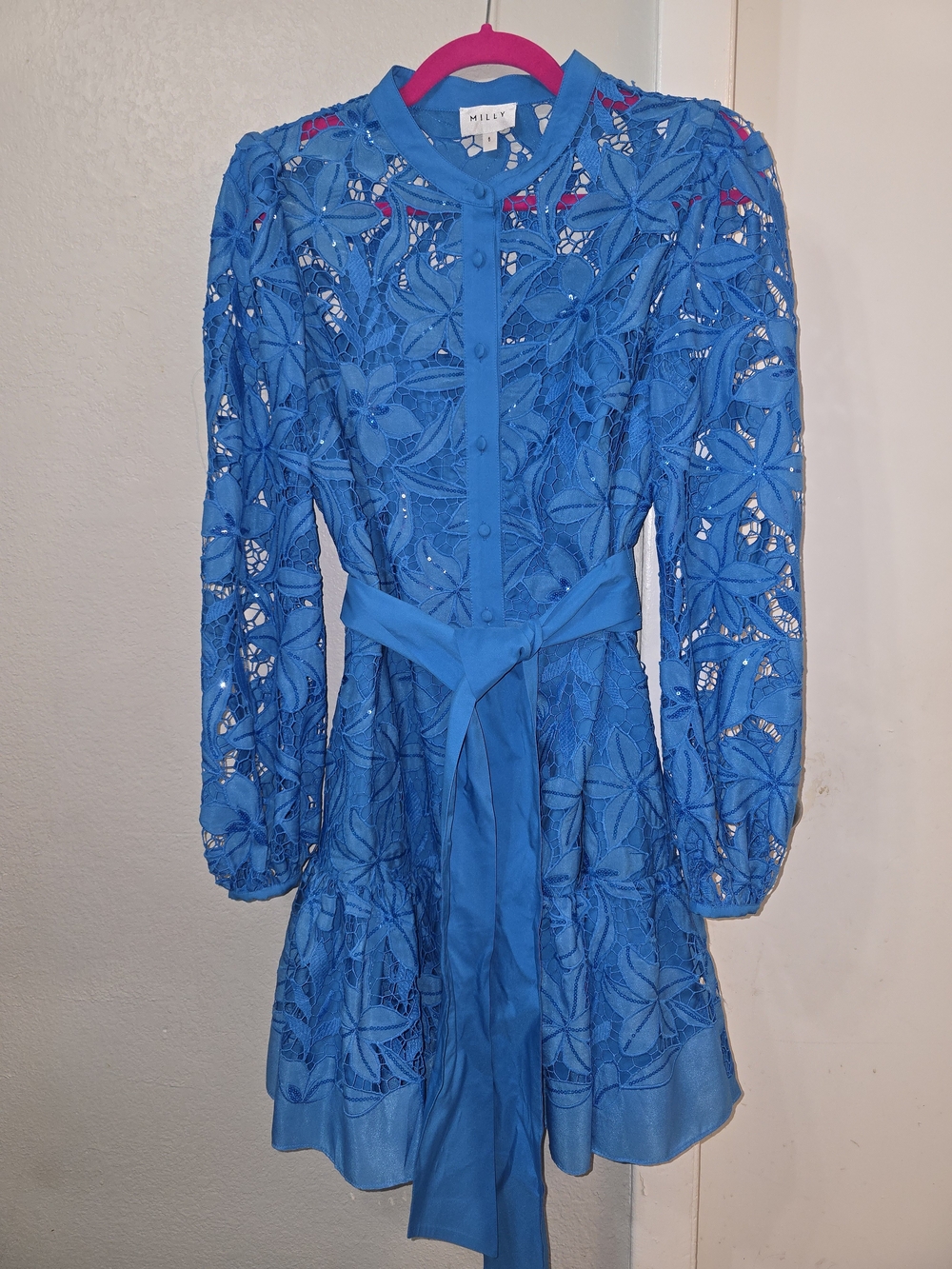 Milly Blue Floral Lace Tie-Waist Dress